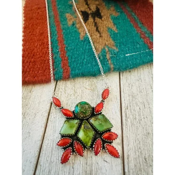 ** Christmas Collection ** Handmade Sterling Silver, Turquoise & Coral Necklace